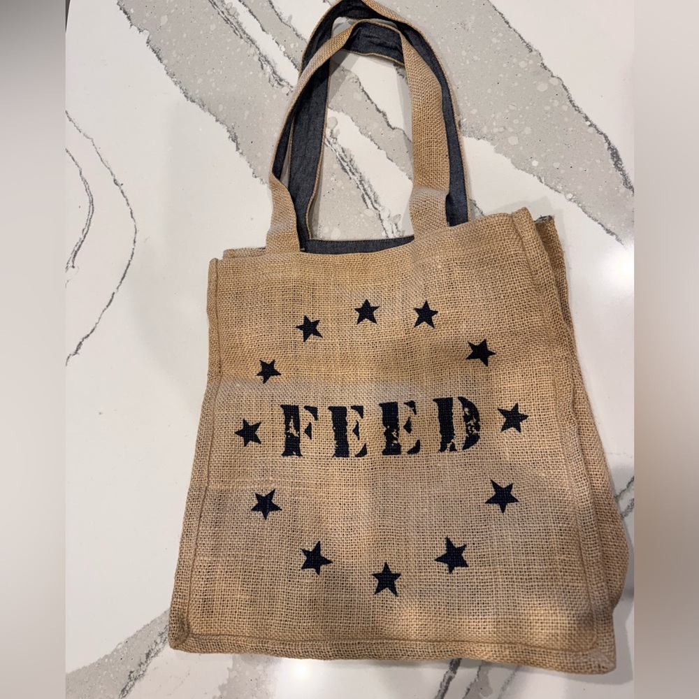 FEED Tan and chambray reversible Burlap tote bag